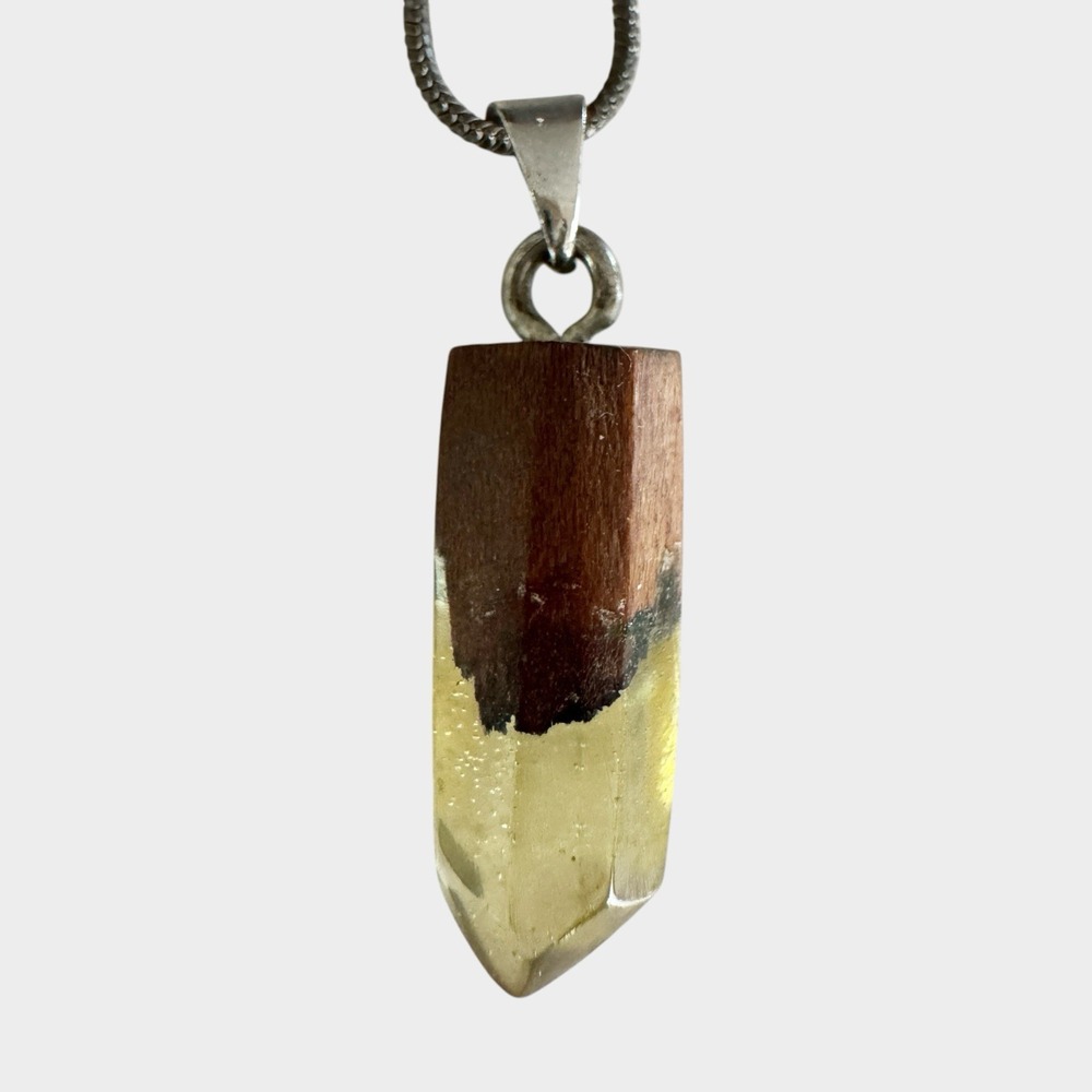 Wood & Citrine Resin Necklace With 925 Silver Hook Plus Chain